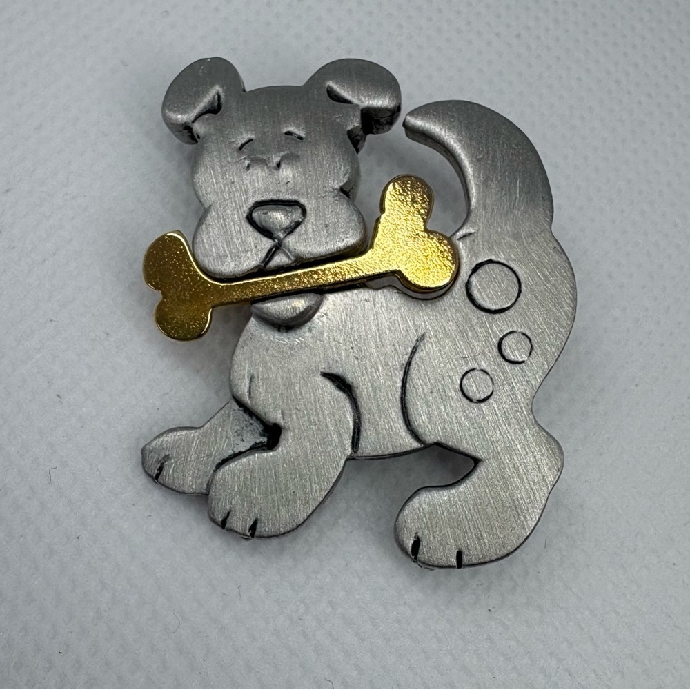 Vintage CHUNG Pewter Dog Brooch with Gold Tone Bone